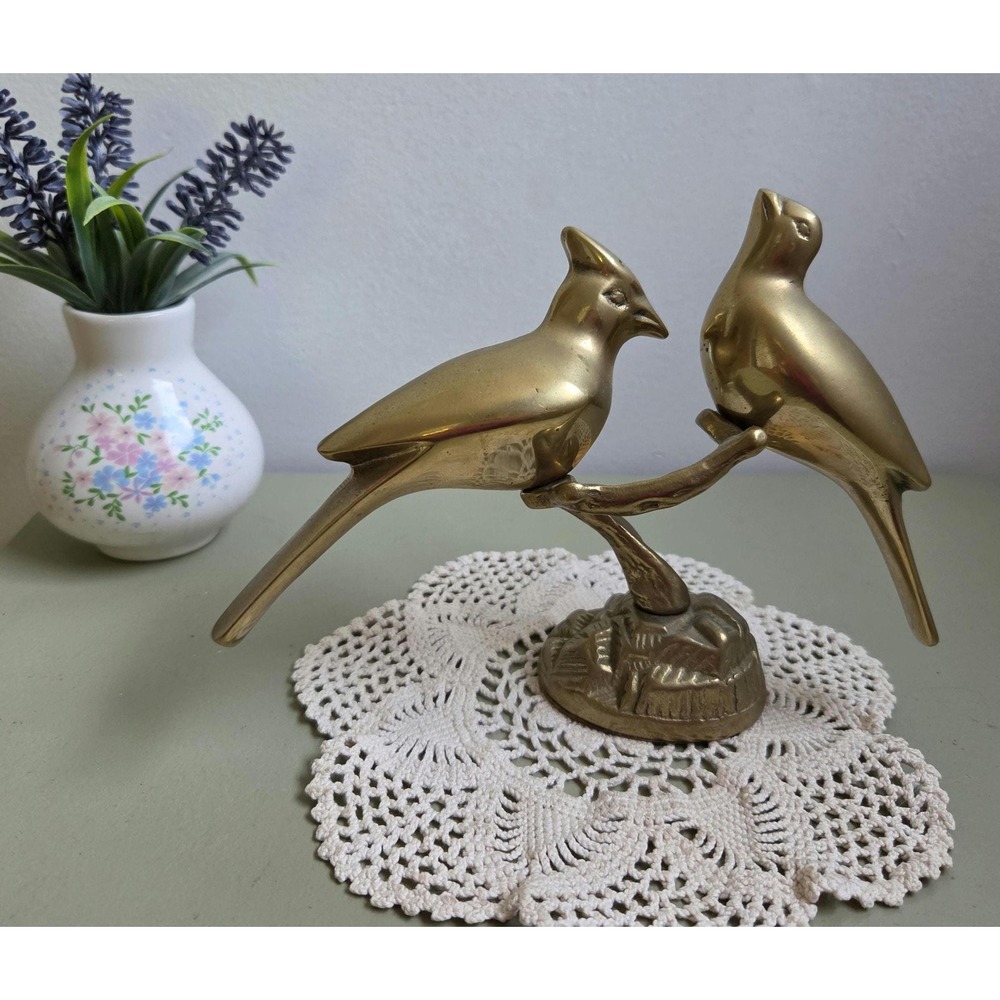 Vintage Solid Brass Cardinal Bird Pair Figurine on Branch Home Decor
